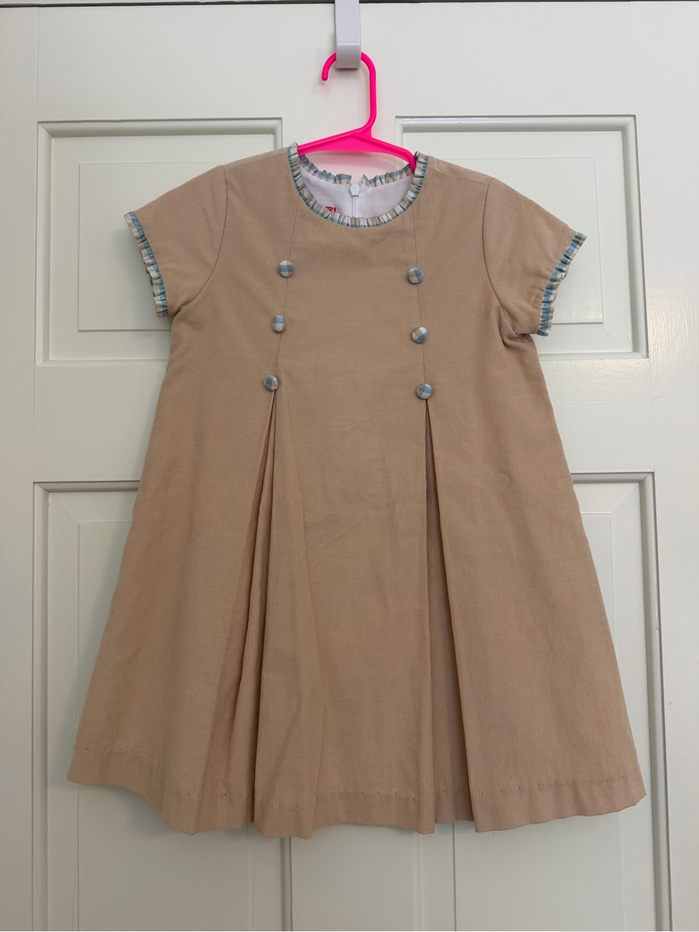 Classic Tan Pleated Kids Dress with Trim